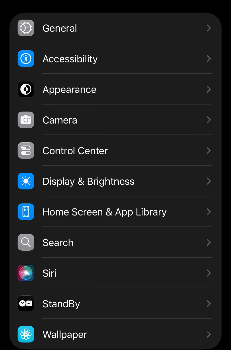 Settings, with the Siri row marked