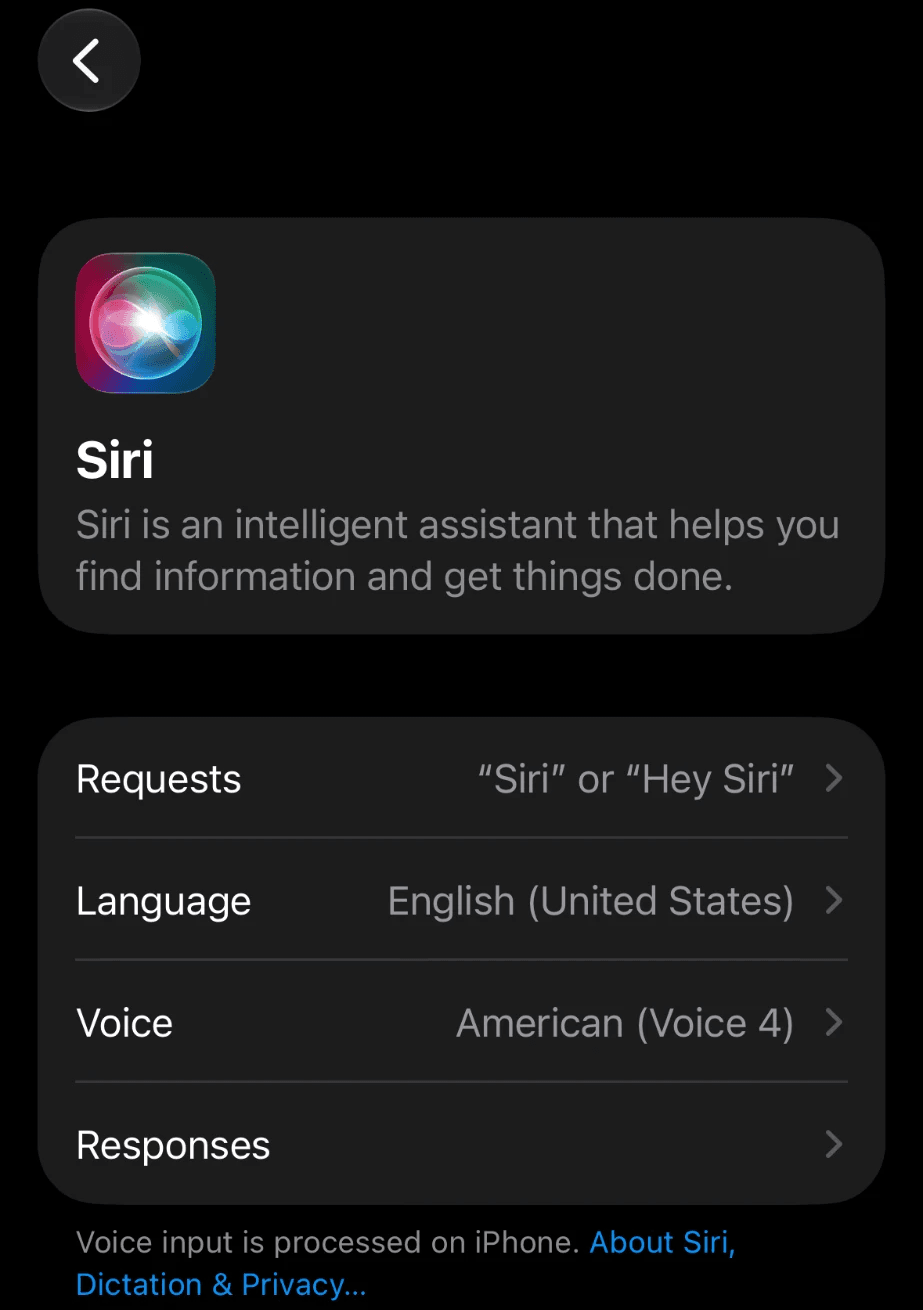Siri settings, with the Responses row marked