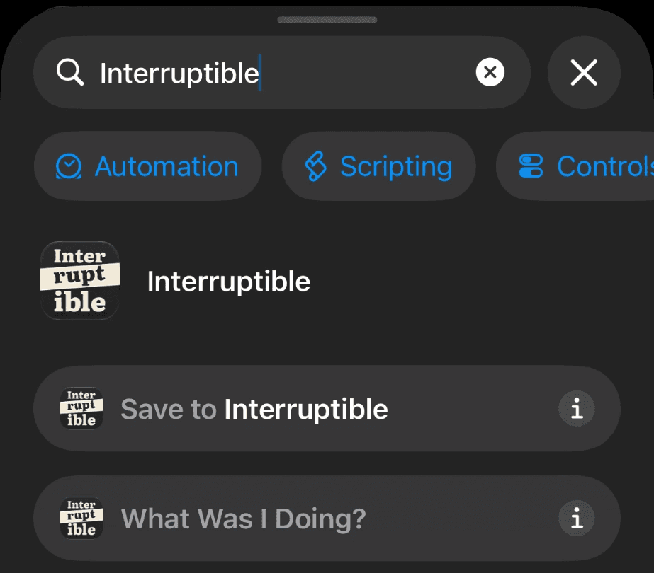 Adding an action: the search field with Interruptible typed in, and the What Was I Doing? action, both marked