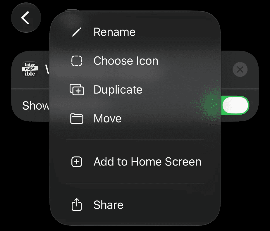 The shortcut's name menu, with Rename marked