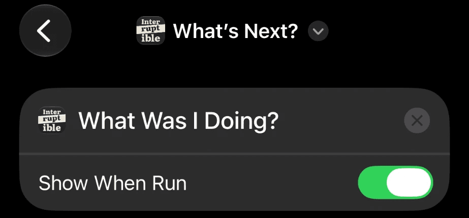 The shortcut renamed What’s Next?, with the name marked